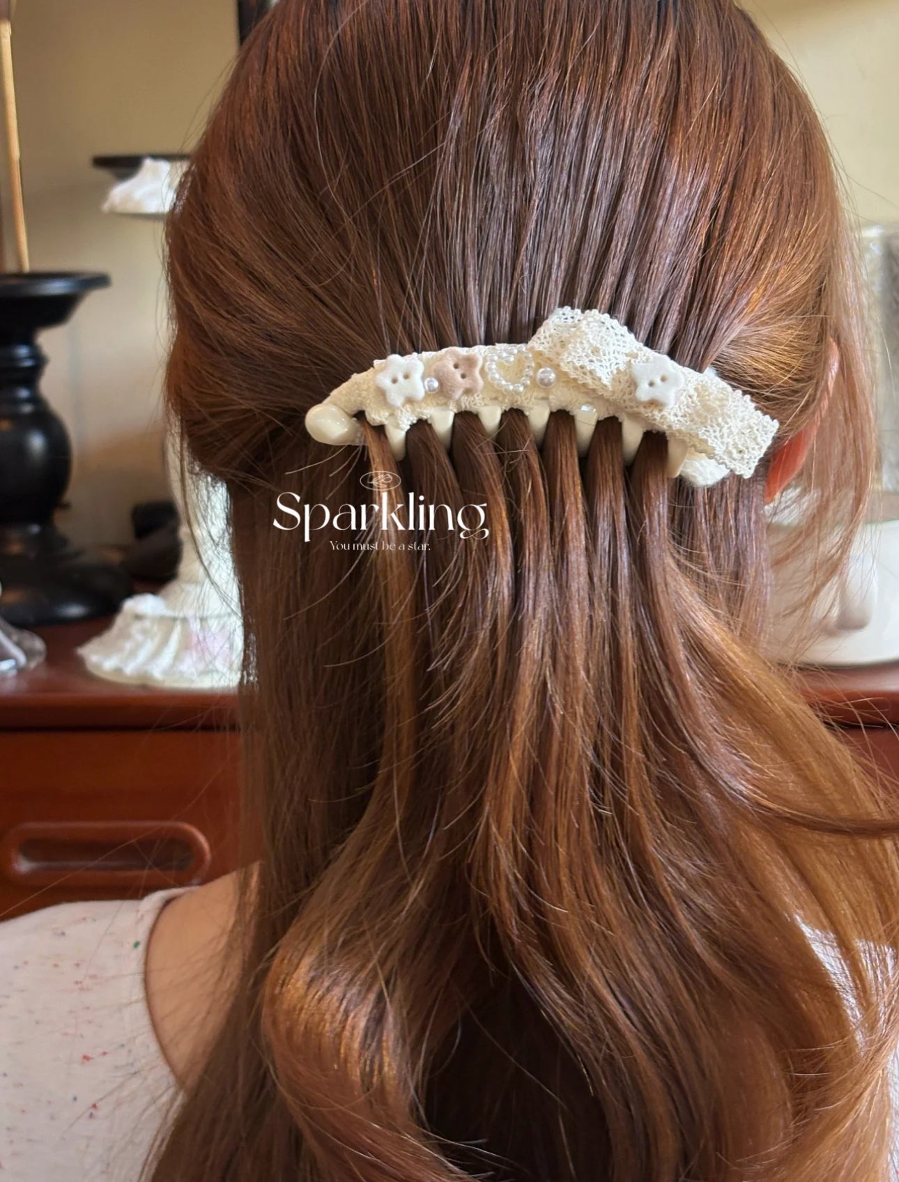 Soy Milk Latte – Original Handmade French Vintage Lace Bow Fluffy Banana Hair Clip for Autumn/Winter