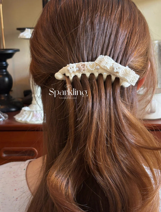 Soy Milk Latte – Original Handmade French Vintage Lace Bow Fluffy Banana Hair Clip for Autumn/Winter