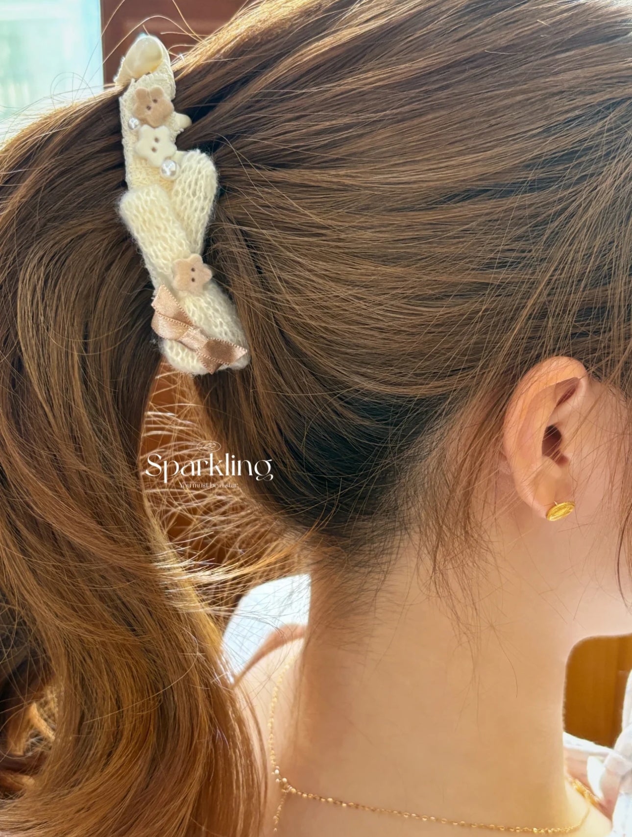 Soy Milk Latte – Original Handmade French Vintage Lace Bow Fluffy Banana Hair Clip for Autumn/Winter