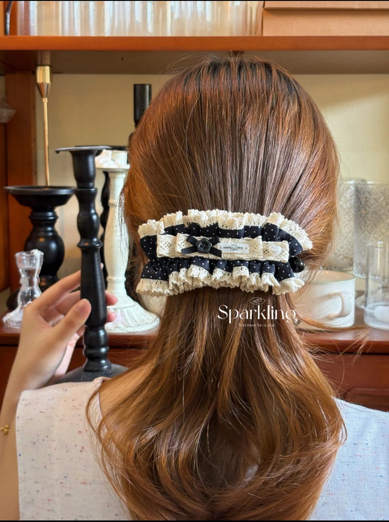 Polka Dot Waltz——-Handmade Banana Clip – French Vintage Lace Bow with Black & White Polka Dots and Bunny Button